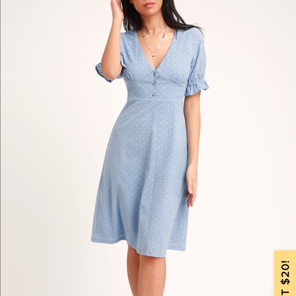 GOOD TO BE ME LIGHT BLUE EYELET LACE MIDI DRESS